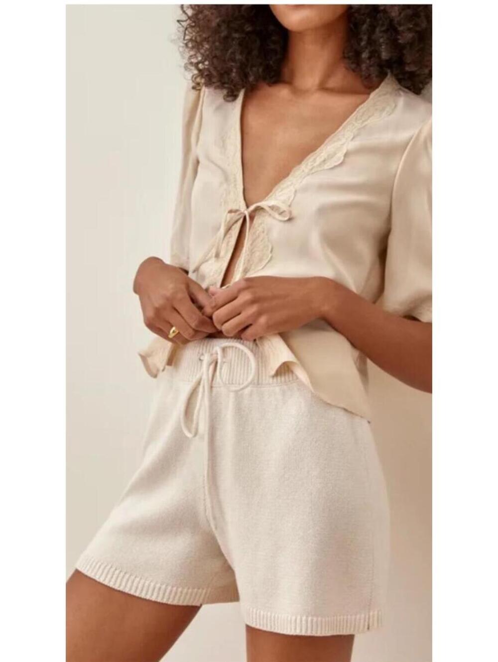 Reformation Pepe Cream Ivory Ribbed Tie Waist Shorts size XS